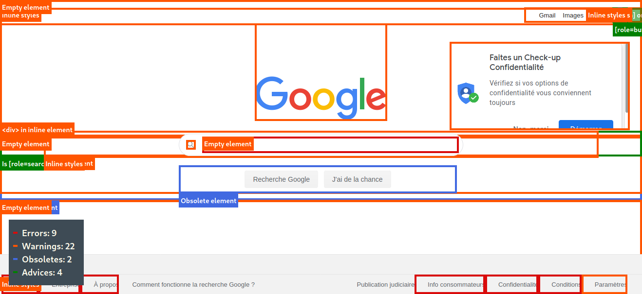 Capture d'écran de la page Google testée avec l'extension a11y.css